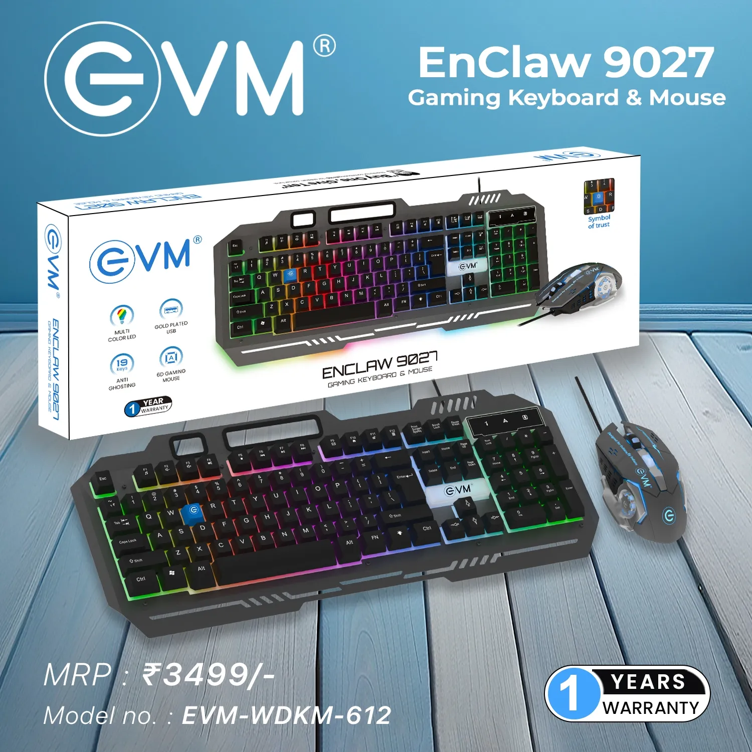 EVM Gaming Keyboard Mouse Combo Usb EnClaw 9027 (WDKM-612) Black Grey view 4